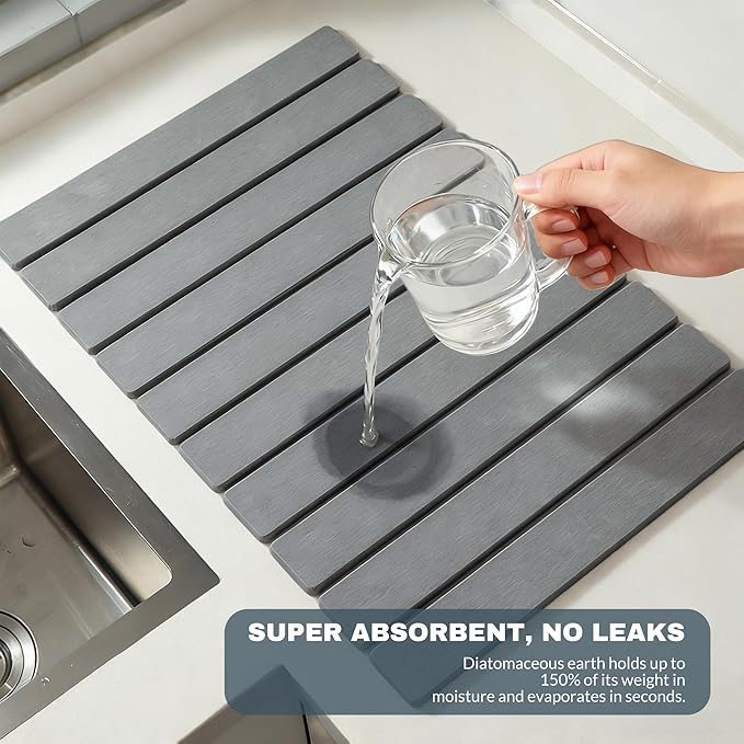 Large Stone Dish Drying Mats for Kitchen Counter  Quick Dry Absorbent Collapsible Dish Drying Mat With Rubber Sole 23.4”(L)x15.4”(W) Diatomaceous Earth Mats for Dishes Bottles Cups