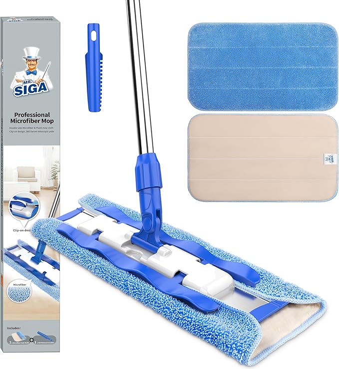 MR.SIGA Professional Microfiber Mop for Hardwood Laminate Tile Floor Cleaning Stainless Steel Telescopic Handle - 3 Reusable Flat Mop Refills and 1 Dirt Removal Scrubber Included