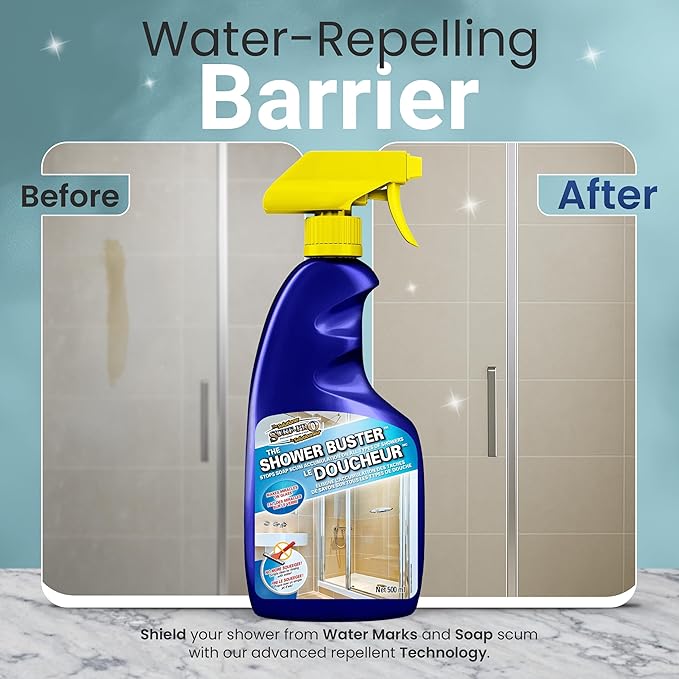 SURF PRO Shower Glass Door Cleaner – Shower Buster Spray for Soap Scum &amp Hard Water Stains – No Scrub Bathroom Cleaner for Glass Tile Chrome Ceramic RV and Septic Safe (500ml / 16.9oz)