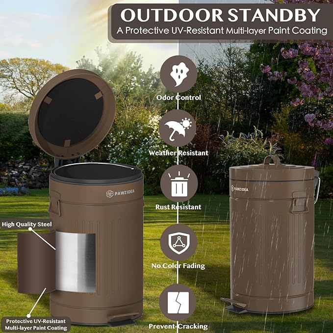 PAWZIDEA Dog Poop Trash Can Outside Odor Control 3.1Gallon Pet Waste Trash Can Outdoor Waterproof Dog Poop Container Bin Outdoor Garbage Can with Lid 7.8in Activated Carbon Filter Pet Waste Station