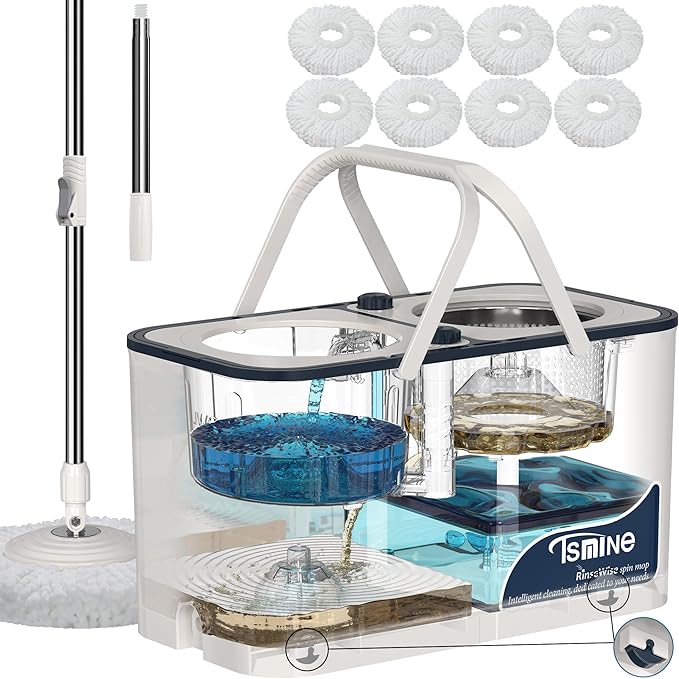 Gen 1 Large-Capacity Spin Mop and Bucket – for Big Homes &amp Deep Cleaning Days4-Chamber System Separates Dirty &amp Clean Water 2-GAL Heavy-Duty Design with Wheels &amp 8 Refill Mop Heads - Whi