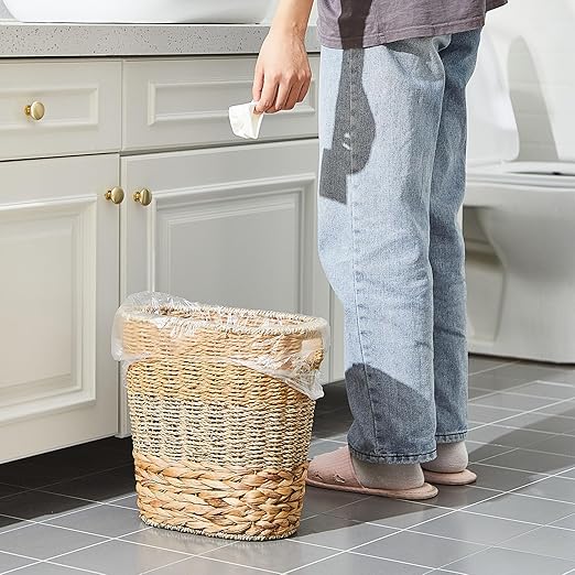 2 Pcs Wicker Trash Can with 50 Small Trash Bag Wicker Waste Woven Basket with Handles Clear Multi Use Garbage Bags for Bathroom Kitchen Bedroom(Various MaterialsClassic Style)