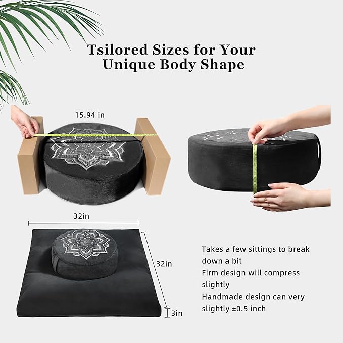 Meditation Zafu Cushion Set with Buckwheat Hulls &amp Memory Foam - Ergonomic Support for Yoga &amp Sitting - Removable Machine-Washable Luxury Velvet Cover - for Adults and Kids (Black)