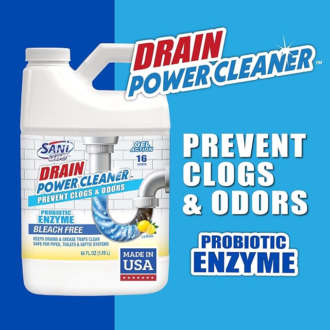 Sani 360 Drain Power Cleaner and Maintenance Enzyme Probiotic Odor remover Drain and Garbage Disposal Cleaner Flush Away Grease Soap Scum Lemon scent Septic safe. 16 uses Made in the USA
