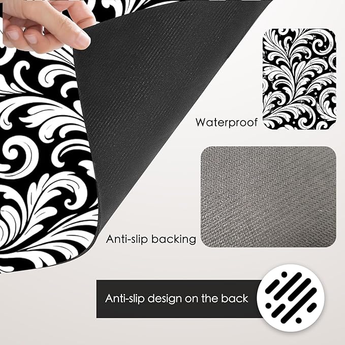 Nuxovilar Coffee Bar Mat Black White Floral Scroll Pattern Dish Drying Pad Natural Rubber Canvas 16.92 x 31.1 inchs Coffee Accessories Counter Surface Beverage Corner Home Cafe