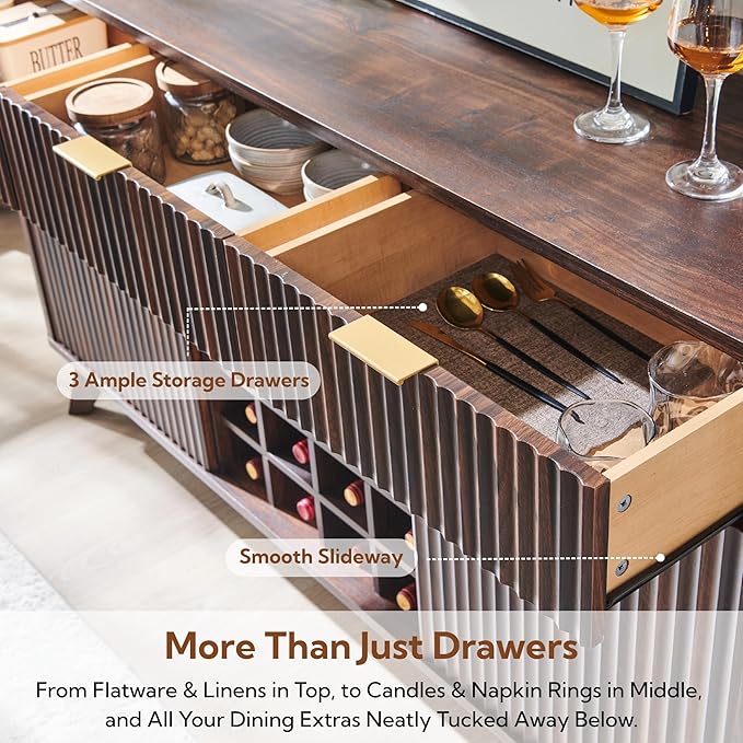 OKD Fluted Wine Bar Cabinet 60 Wide Modern Buffet Sideboard with Ample Storage - 2 Side Cabinets 3 Drawers 4 Glass Holders &amp 12 Wine Racks Coffee Bar Cabinet for Kitchen Dining Room Dark Wa
