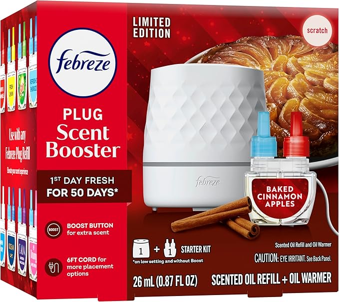 Febreze Plug Scent Booster Starter Kit Oil Diffuser Air Freshener Plug in Continuous Scent 2 Devices + 2 Baked Cinnamon Apple Refill