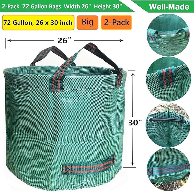 Professional 2-Pack 72 Gallon Big Lawn Garden Bags (D26H30 inch) Yard Waste Bags with Gardening Gloves for Leaf BagYard DebrisGarden PruningLawn Trash ContainerGrass ClippingsWeeds Bag 4 Handles