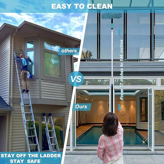 20 Ft+ Reach 2 In 1 Window Squeegee Duster with 5-to-12 Foot Extension Pole Cleaner Tool with 3-Stage Telescoping Pole Cleaning Kit with Rotatable Head - Chenille Cloth + Microfibre Cloths Head