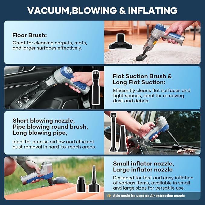 Mini Vacuum Cleaner 3 in 1 Car Vacuum Cleaner High Power 15000PA Powerful Suction Air Duster 7500mAh Adjustable Small Vaccum Portable Cordless for CarsDesktopHome- Light Blue