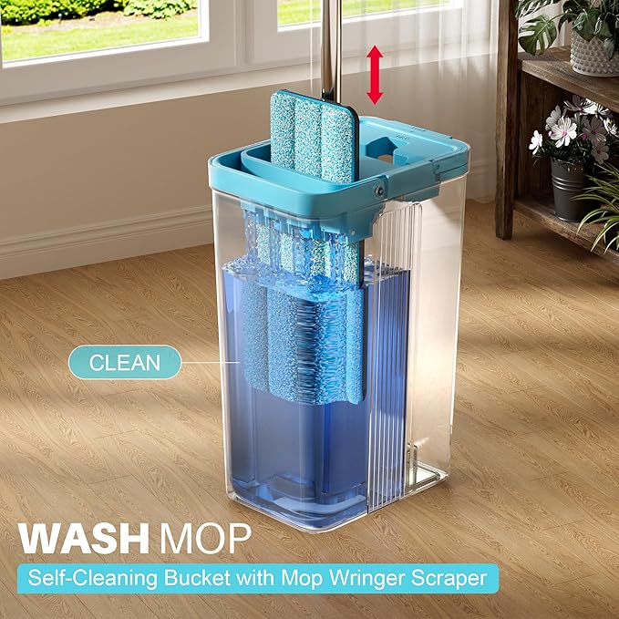JOYMOOP Mop and Bucket Set with Wringer Mops for Floor Cleaning Wall Mop Cleaner with Long Handle with 4 Reusable Microfiber Mop Pads - Grey+Cyan Blue