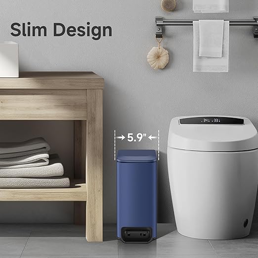 TIPGO Slim Bathroom Trash Can with Lid Soft Close Step Pedal 6 Liter / 1.6 Gallon Stainless Steel Trash Bin Small Garbage Can for Bedroom Office Kitchen (Navy Blue)