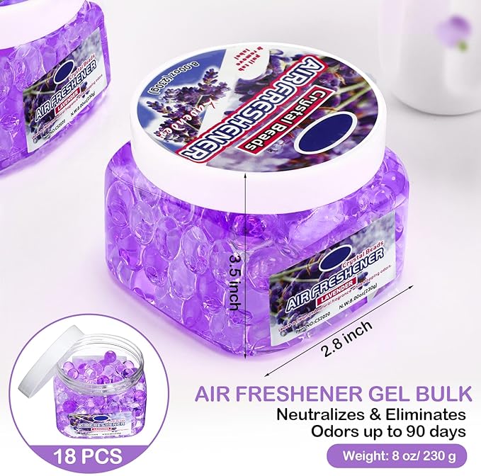 18 Pack Gel Odor Eliminator Beads 8 Ounce Scent Beads Bulk Air Freshener Removing Long Lasting Eliminates Odors for Home Bathrooms Cars Boats Rvs and Pet Areas(Lavender)
