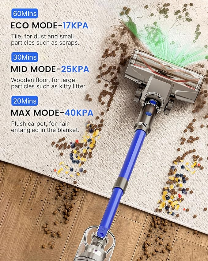 Cordless Vacuum Cleaner500W 40KPa 60Mins Vacuum Cleaners for HomePowerful Stick Vacuum With Green LightAnti-tangle Wireless Vacumm Rechargeable Vacuum for Pet Hair/Carpet/Hardwood FloorBlue