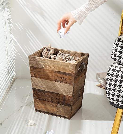Small Wood Trash Can Farmhouse Rectangular Garbage Can Waste Basket Rustic Distressed Reclaimed Wood Wastebasket Vintage Wooden Trash Recycling Bin Storage Basket with Metal Handles (Natural)