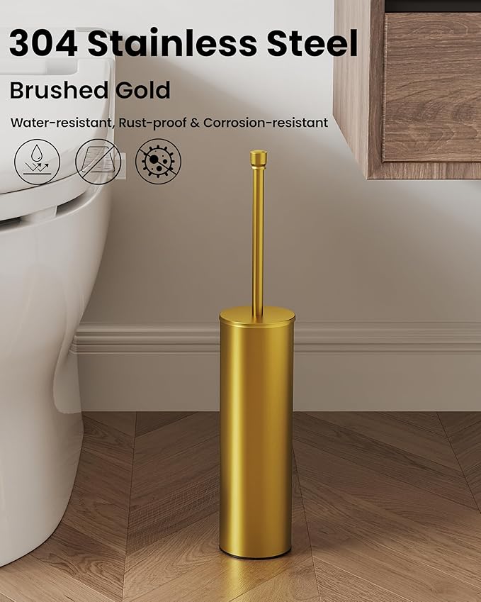 Toilet Brush and Holder Set Toilet Bowl Brush for Bathroom with Long Handle Stainless Steel Toilet Cleaner Brush with Durable Scrubbing BristlesSplash-Prooft (Brushed Gold)