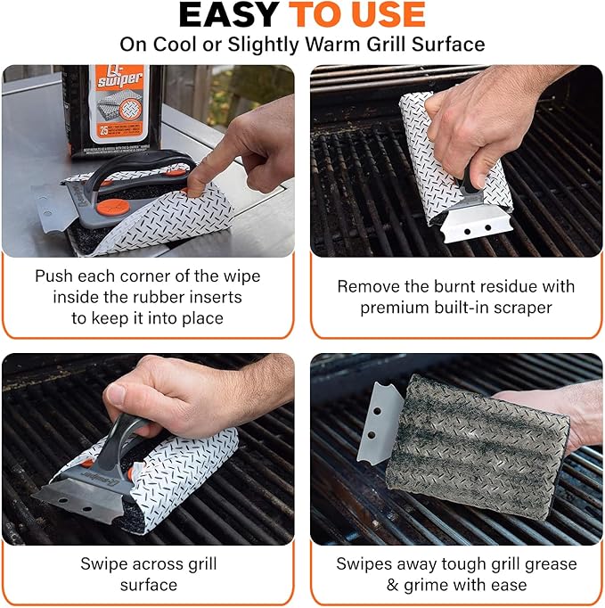 Proud Grill Q-Swiper Grill Cleaner Set - Bristle &amp Wire-Free Brush with Scraper &amp 80 Moist Wipes - BBQ Smoker Cleaner Kit Safe for Outdoor Griddle Grates Grease &amp Grime Remover Barbecue