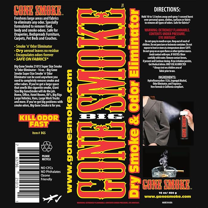 Big Gone Smoke- Dry Smoke Odor Eliminator Air Freshener Aerosol 16 oz 3 Pack