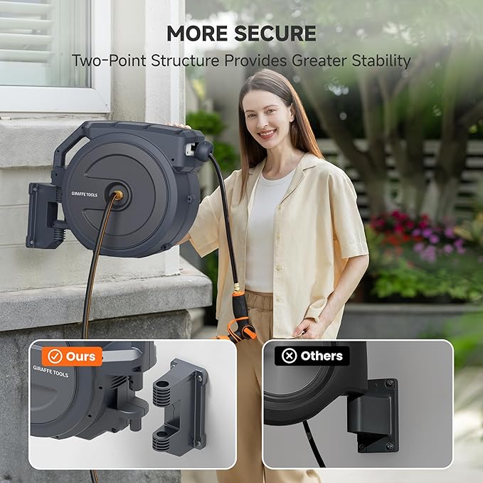 Giraffe Tools Heavy-Duty Wall-Mounted Hose Reel 5/8 x 90 ft Retractable Hose with Automatic Rewind 180° Swivel Any-Length Lock &amp 9-Pattern Nozzle (Dark Grey)