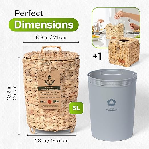 Small Bathroom Trash Can with Lid 2.9 Gallon Wastebasket Handwoven Water Hyacinth Wicker Trash Bin with Liner &amp Raised Feet for Bathroom Bedroom Office