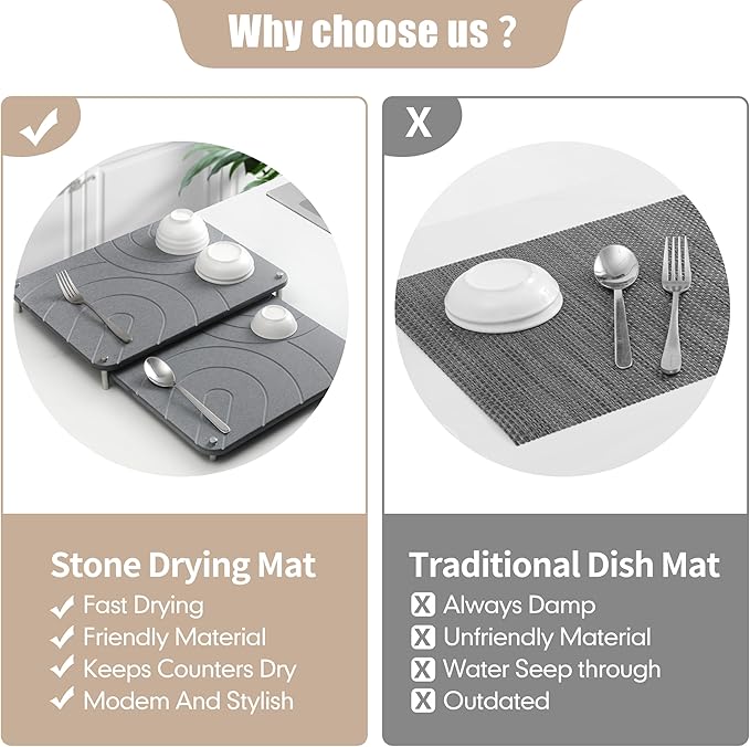 CZWL&ampHG 2 PCs Stone Dish Drying Mats for Kitchen Counter-Diatomaceous Dish Drying Mats Superb Absorbent with Non-Slip Stainless Steel FeetHeat Resistant15.7(L)×11.8(W)