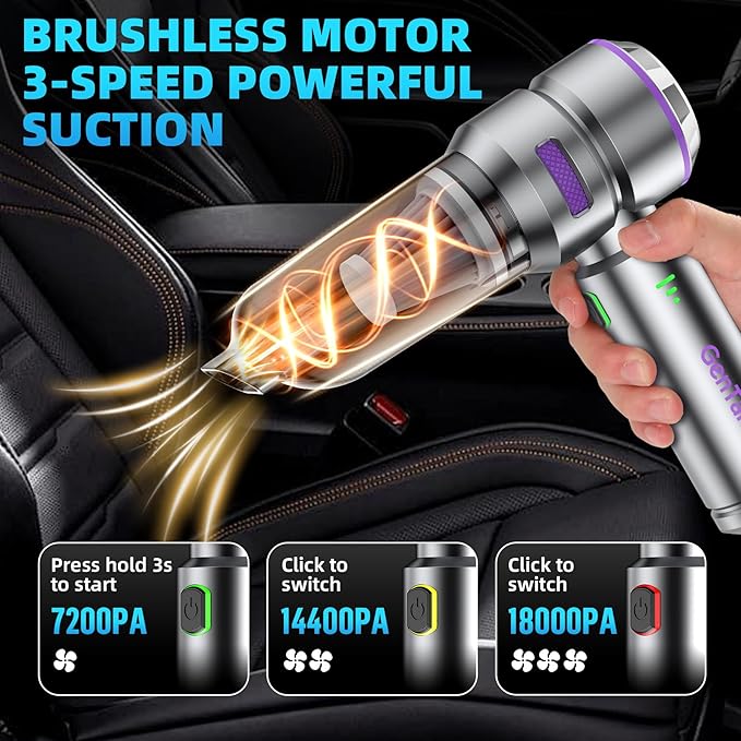 Car Vacuum Portable Cordless 18000PA Portable Vacuum Cordless High Power Air Duster with Brushless Motor Type-C Charge 3 in 1 Small Vacuum Cleaner Cordless for Car Home Office Pet Hair