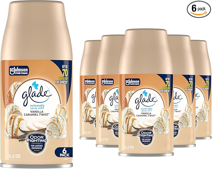 Glade Automatic Spray Refill Air Freshener for Home and Bathroom Vanilla Caramel Twist 6.2 Oz 6 Count