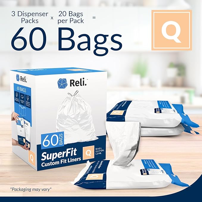 Reli. SuperFit Code Q (60 Count) | Compatible with Simplehuman Code Q | Dispenser Pack Custom Fit Liners | Drawstring Trash Bags | 50-65 Liter / 13-17 Gallon | White