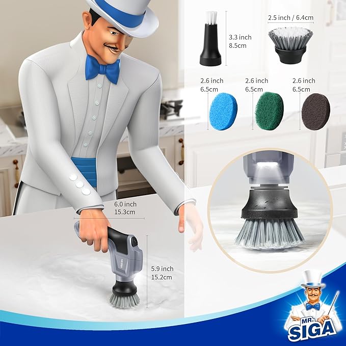 MR.SIGA Electric Spin Scrubber for Kitchen and Bathroom Cleaning Waterproof Rechargeable Cordless Spin Scrubber with 5 Replaceable Cleaning Brushes and Pads