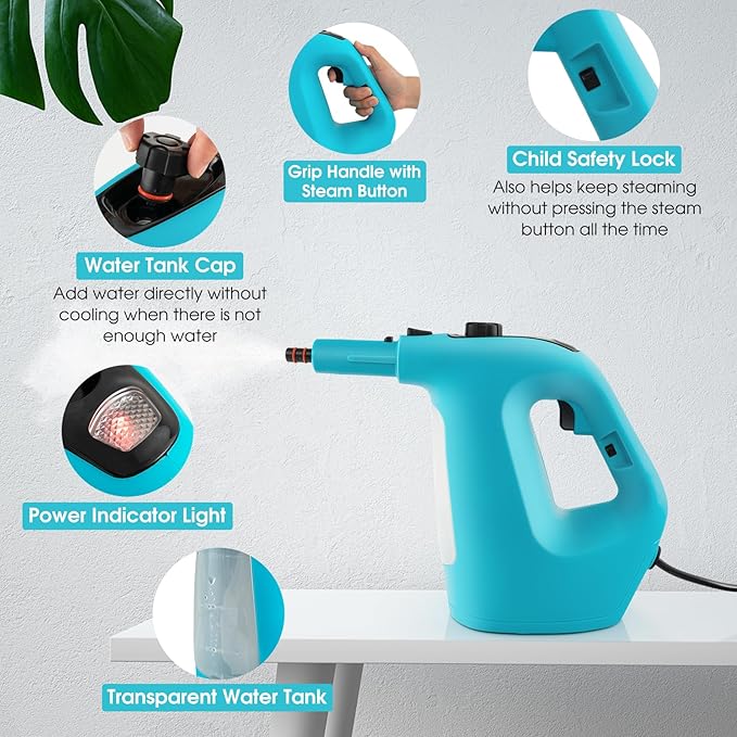 S AFSTAR Handheld Steam Cleaner 1400W Pressurized Steamer with 14-Piece Accessories &amp Child Lock Multipurpose Portable Steamshot Steam Mop for Cleaning Kitchen Floor Sofas Car Windows (Blue)