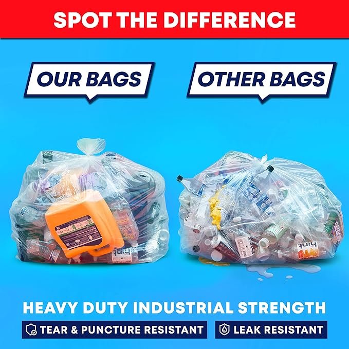 55 Gallon Clear Trash Bags (50 Bags w/Ties) Large Clear Plastic Recycling Garbage Bags