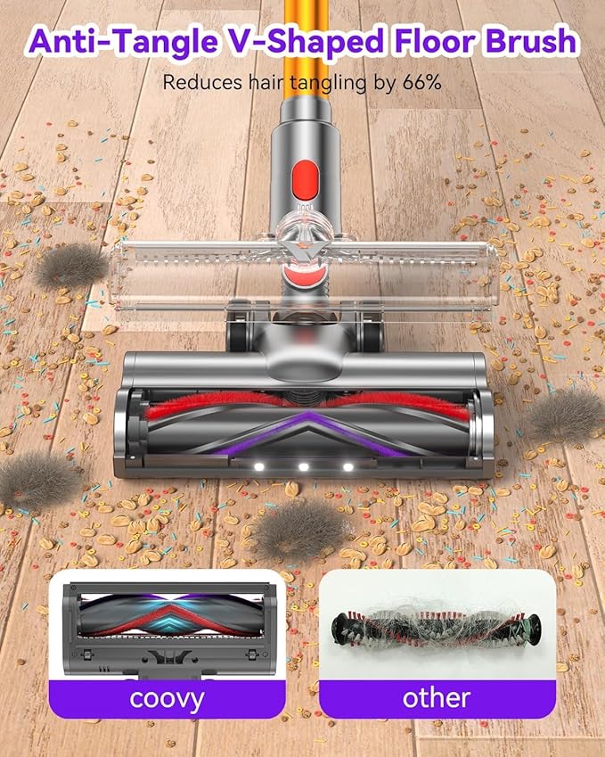 Coovy SU7 Cordless Vacuum Cleaner 580W 50Kpa 80 Minutes Runtime Stick Vacuum with Touch Screen Anti-Tangle Wireless Powerful Lightweight LED Vac for Home Pet Hair Carpet Hardwood Gold