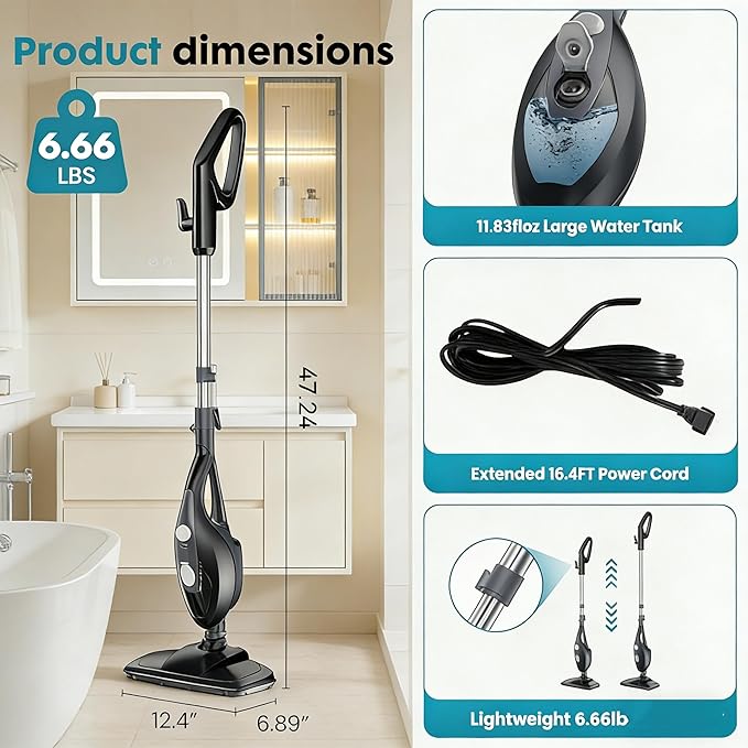 Simple Deluxe 10-in-1 Steam Mop 1550W Detachable Handheld Steam Cleaner with 16FT Cord &amp 2 Pads Multi-Surface Floor Steamer for Hardwood Tile Carpet Windows Grey