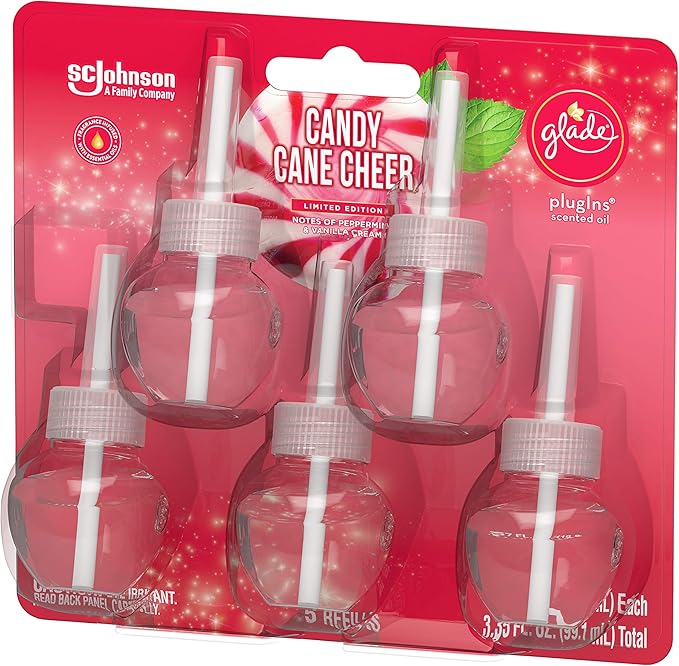 Glade PlugIns Refills Air Freshener Scented and Essential Oils for Home and Bathroom Candy Cane Cheer 3.35 Fl Oz 5 Count