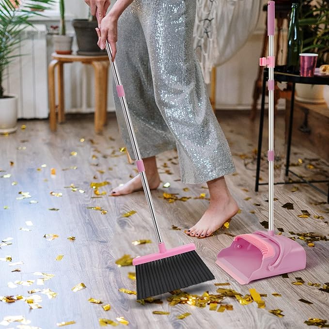 kelamayi Broom and Dustpan Set for Home Office Indoor&ampOutdoor Sweeping Stand Up Broom and Dustpan (Pink)