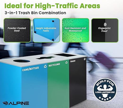 Alpine Indoor Recycling Bin -Commercial Trash Can Recycling Station Combo Customizable 3 Compartment Metal Large Black Blue Green Recycle Trash Cans with Lids &amp Stickers for Office Mall Air
