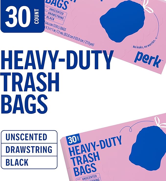 STAPLES PERK Black Kitchen Trash Bags 33 Gallon Garbage Can Liners Drawstring Closure Great for Home Office Classroom 30-Pack