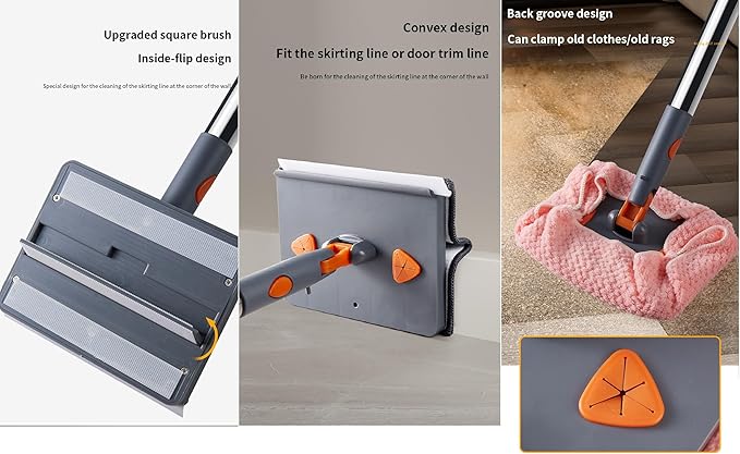 Wall Cleaner Mop with Long 81 HandleBaseboard Cleaner Tool with Handle180° Folding Ceiling Tool Duster with Squeegee360 Rotatable Wall Mop (Square + Triangle Set)