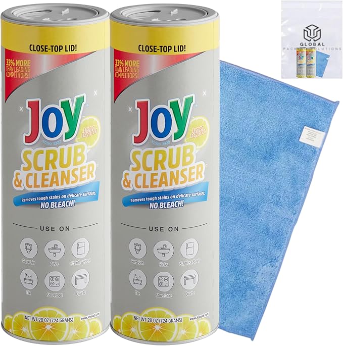 Joy Scrub Powder Cleanser Removes Tough Stains Water Marks Grime and Soap Scum 28 Oz Canisters (Pack of 2) bundled with Microfiber Cloth