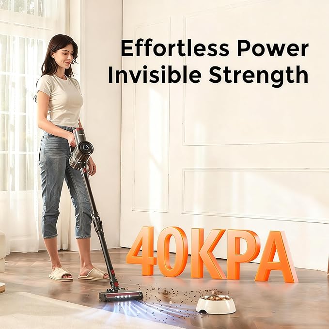 Cordless Vacuum Cleaner for HomeCleans Under Furniture Without Bending40Kpa 45MinsSelf-StandingPowerful Stick Vacuum Cordless for Pet HairHard FloorsCarpetsCar