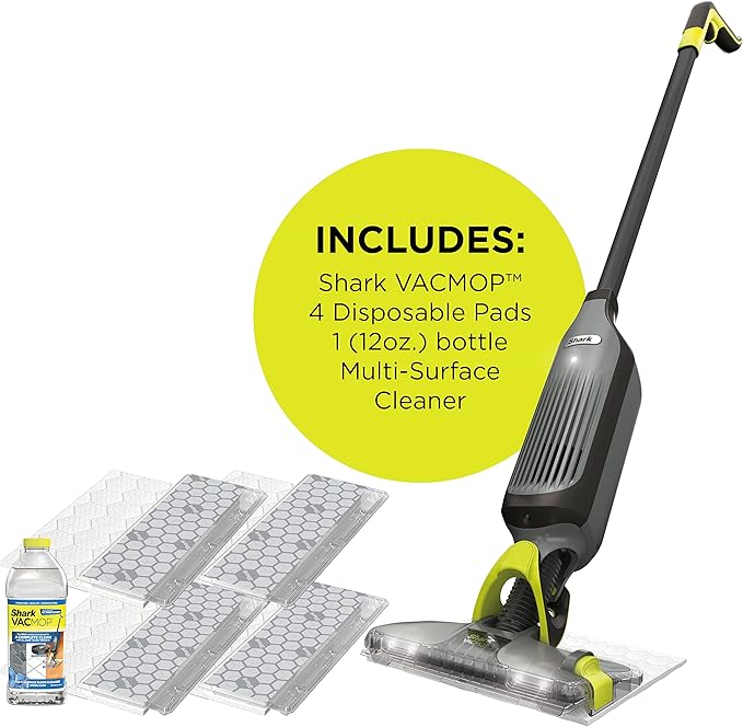 Shark VACMOP Cordless Hard Floor Cleaner Vacuum and Spray Mop Powerful Suction Lightweight LED Headlights Includes 4 Disposable Pads 12oz Multi-Surface Cleaning Solution Gray VM252