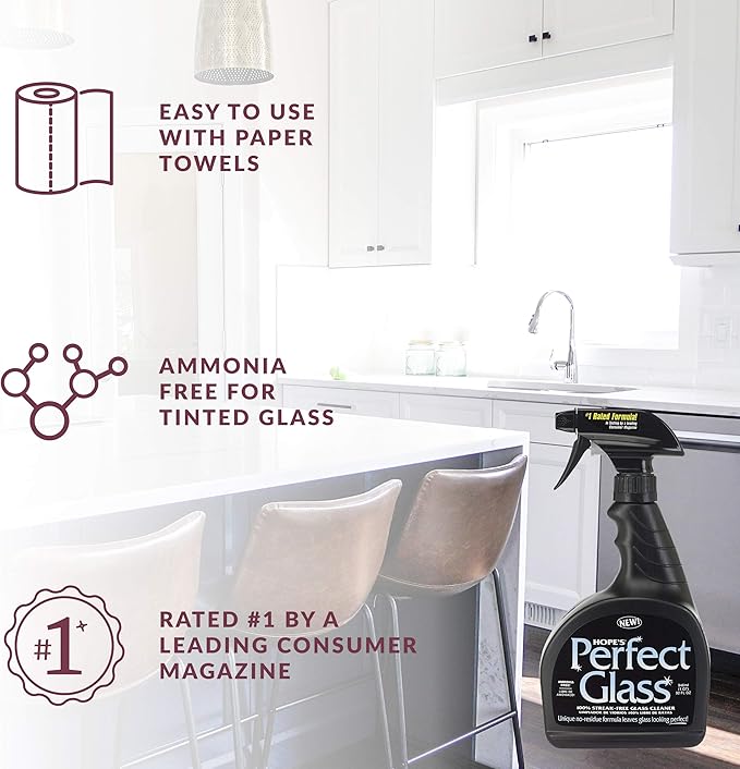 HOPE'S Perfect Glass Cleaner Streak-Free Ammonia-Free Window Mirror Screen and Shower Door Cleaner Indoor and Outdoor Glass Surfaces 32 Fl Oz Spray Bottle and 67.6 Fl Oz Refill Pack of 4