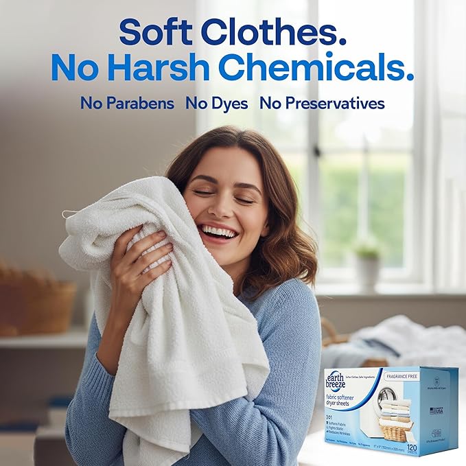 Earth Breeze Fabric Softener Dryer Sheets – Fragrance Free Hypoallergenic No Harsh Chemicals Safe for Sensitive Skin – Static Cling &amp Wrinkle Reducer – Gentle Fabric Care – Made in USA (2 Pack)
