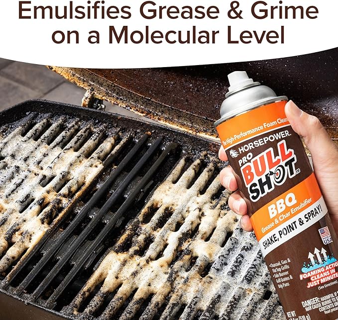 Bull Shot BBQ Pro Foaming Grill Cleaner AS SEEN ON TV Professional Strength Foam Spray Emulsifies Burnt Grease &amp Char on Grates Racks Pans Smokers &amp Griddles Cleans in Just 10 Min - Made