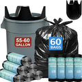 55-60 Gallon Trash Bags Heavy Duty 60 Count Bulk with 4 Innovative Flap Ties | Compatible with Rubbermaid Brute &amp Winco &amp Behrens 55-60 Gallon Round Trash Can | Tear &amp Leak Resistant Black
