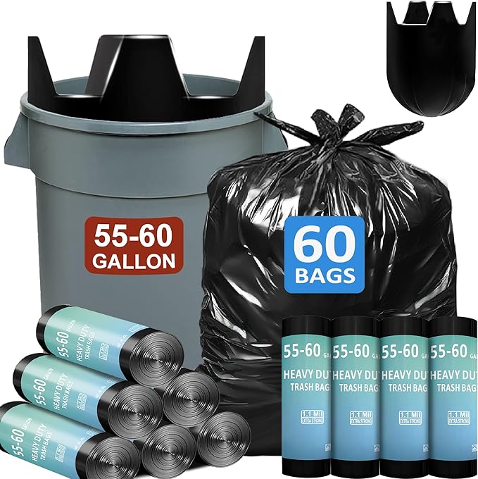 55-60 Gallon Trash Bags Heavy Duty 60 Count Bulk with 4 Innovative Flap Ties | Compatible with Rubbermaid Brute &amp Winco &amp Behrens 55-60 Gallon Round Trash Can | Tear &amp Leak Resistant Black