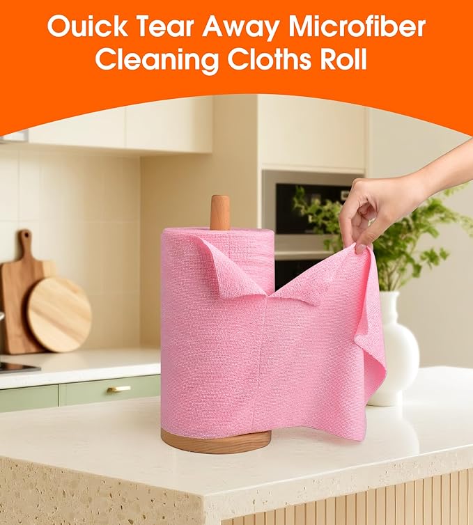 Microfiber Cleaning Cloth Roll - 100 Pack Tear Away Microfiber Paper Towels Reusable Washable Scratch-Free Kitchen Towels for Car Home Kitchen Glass Dishes(Pink)