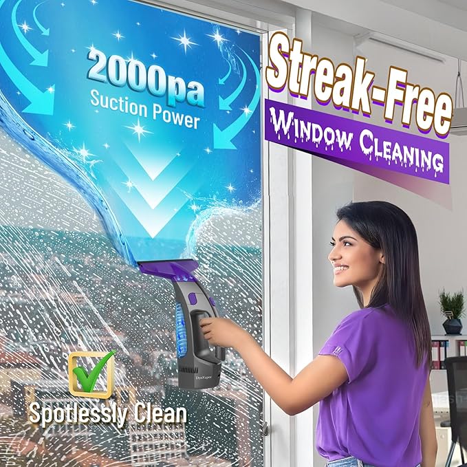 2000Pa and 2500mAh Electric Window Cleaner Tool with Gloves and 2 Cleaning Cloth Window Vacuum Squeegee Cordless with 360ml Spray Bottle &amp 100ml Water Tank for Window Mirror Countertop Tile