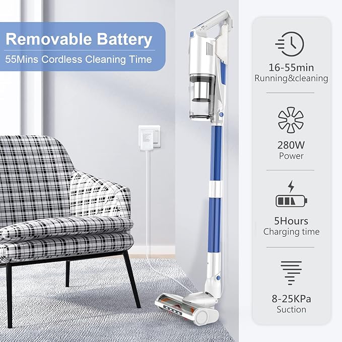 whall Cordless Vacuum Cleaner Upgraded Strong Suction Brushless Motor Cordless Stick Vacuum CleanerLightweight Handheld Vacuum for Home Pet Hair Carpet Hard Floorup to 55mins RuntimeAzure