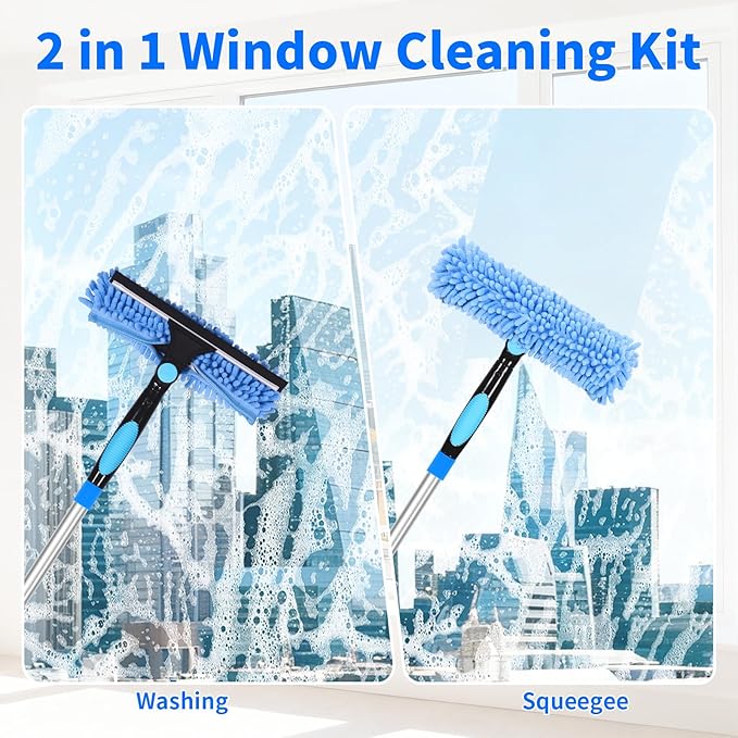 12.2FT/3.7M Window Cleaning Tools Professional 2 in 1 Window Cleaner Tool Kit 2 in 1 Extendable Squeegee Window Cleaner for high Windows Car Glass